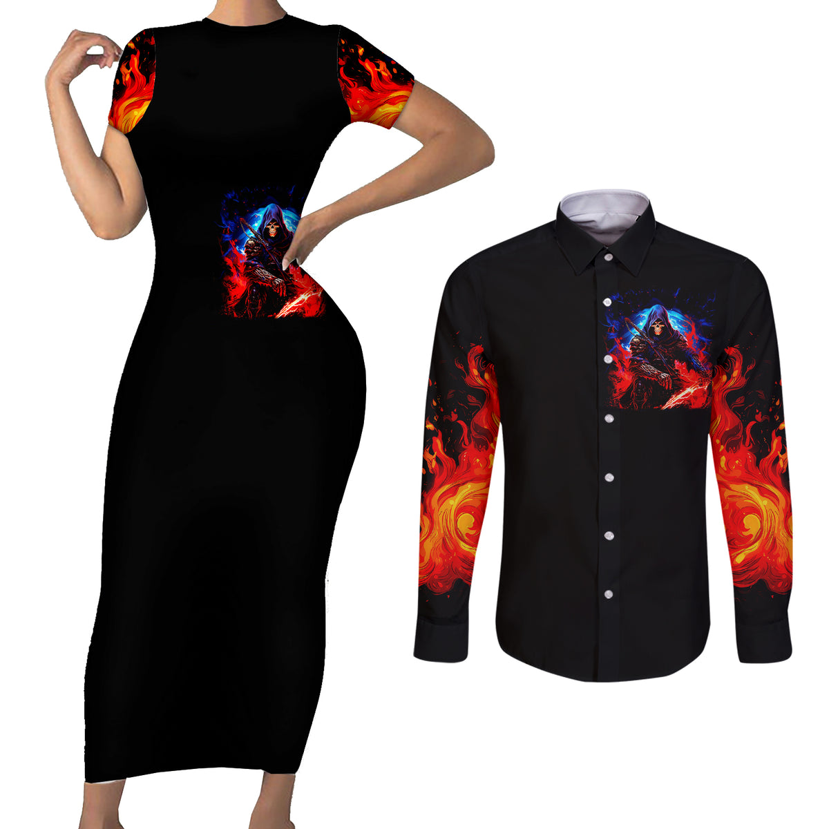Death Skull Couples Matching Short Sleeve Bodycon Dress and Long Sleeve Button Shirts Of Course I'm Going To Hell - Wonder Print Shop