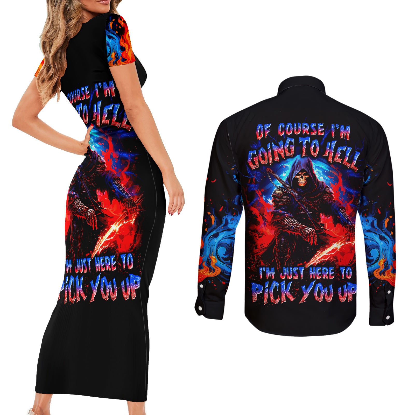 Death Skull Couples Matching Short Sleeve Bodycon Dress and Long Sleeve Button Shirts Of Course I'm Going To Hell - Wonder Print Shop