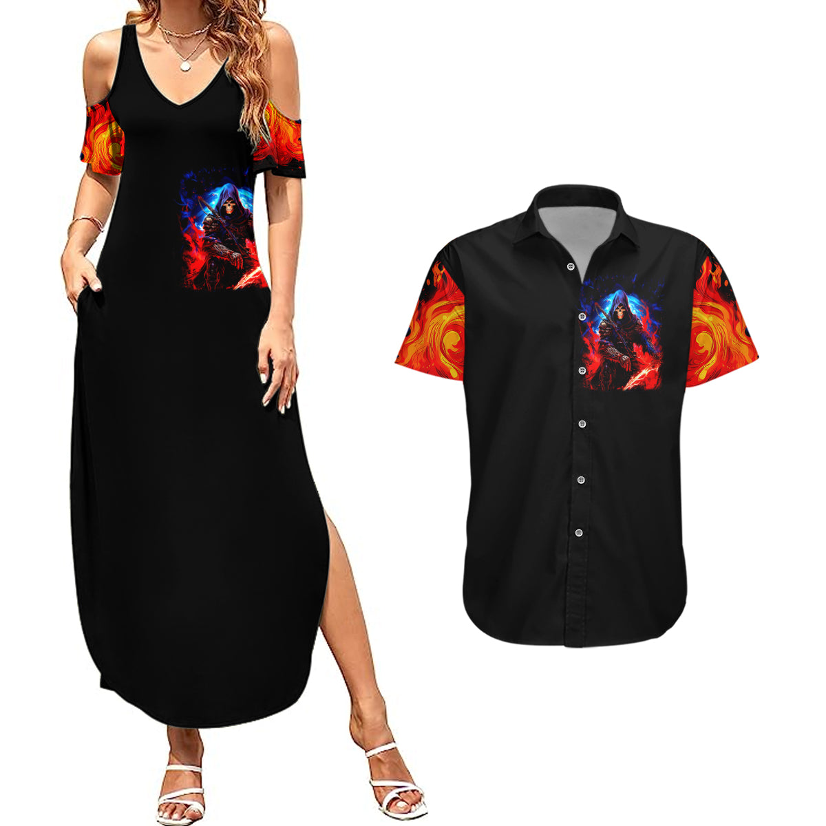Death Skull Couples Matching Summer Maxi Dress and Hawaiian Shirt Of Course I'm Going To Hell - Wonder Print Shop