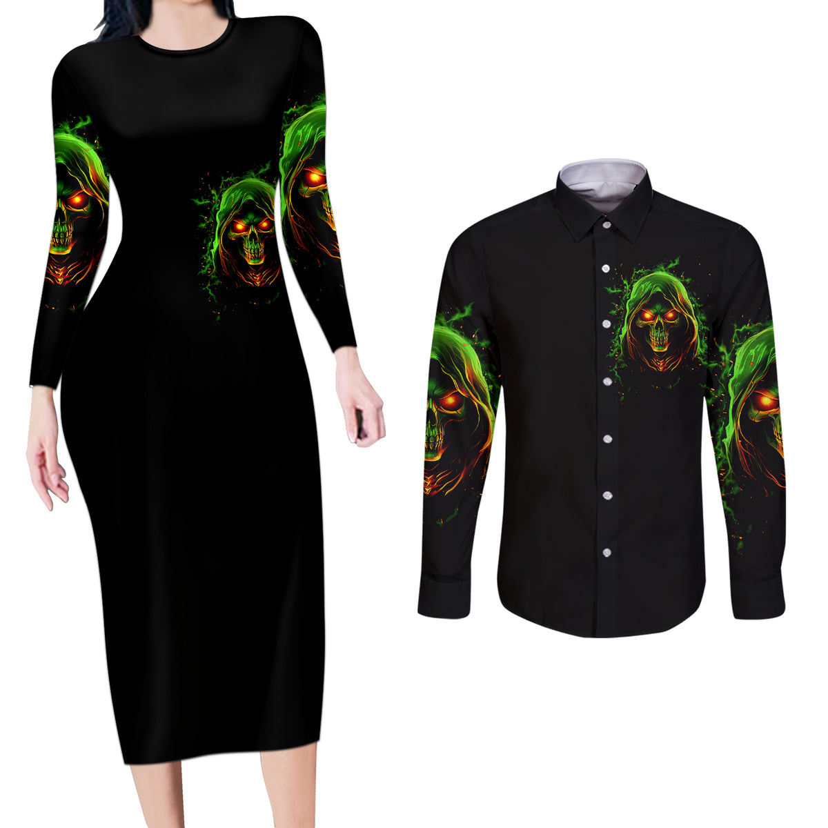 Fire Death Skull Couples Matching Long Sleeve Bodycon Dress and Long Sleeve Button Shirts The Only Thing That Can Stop Is Me - Wonder Print Shop
