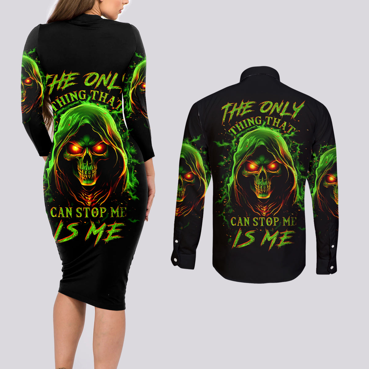 Fire Death Skull Couples Matching Long Sleeve Bodycon Dress and Long Sleeve Button Shirts The Only Thing That Can Stop Is Me - Wonder Print Shop