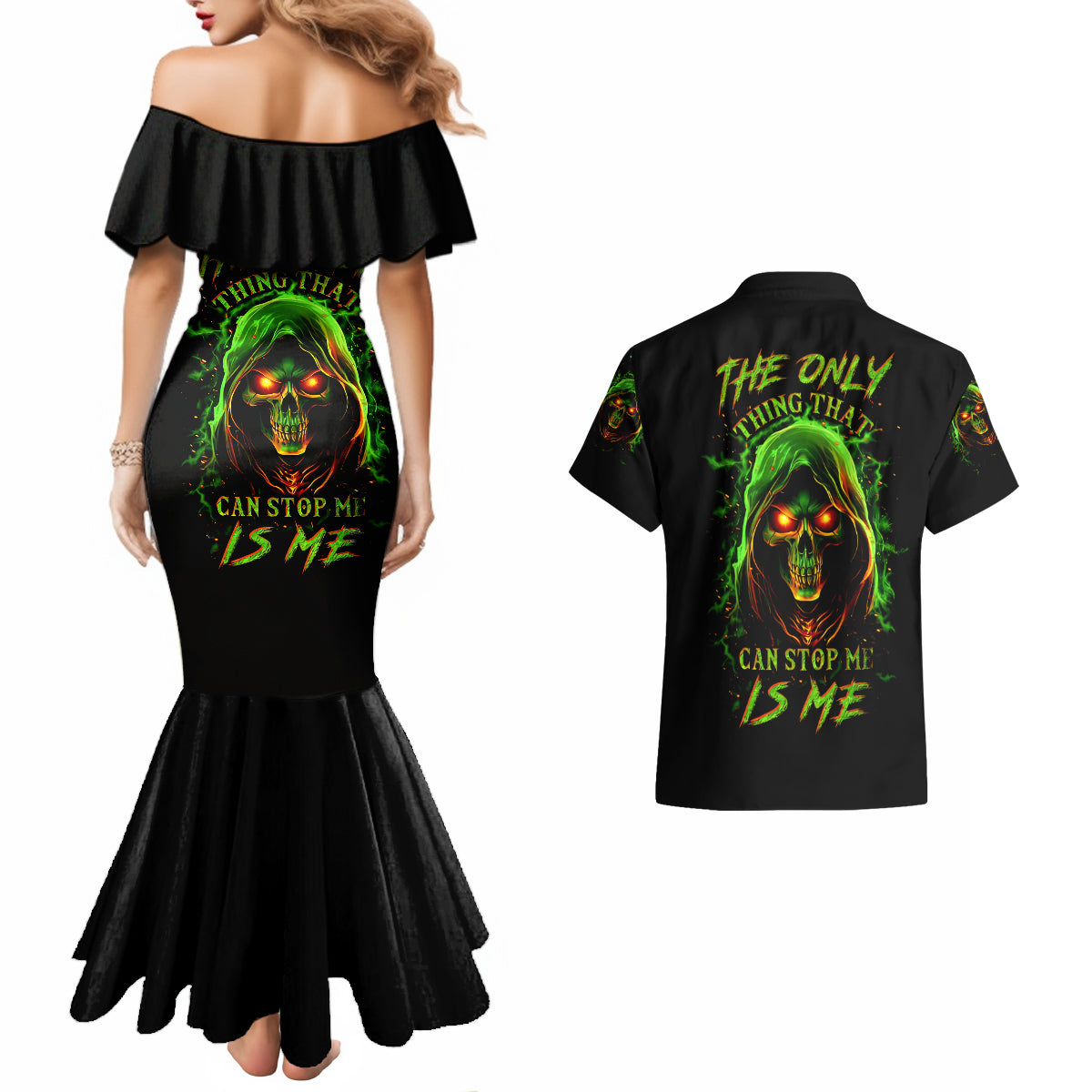 Fire Death Skull Couples Matching Mermaid Dress and Hawaiian Shirt The Only Thing That Can Stop Is Me - Wonder Print Shop