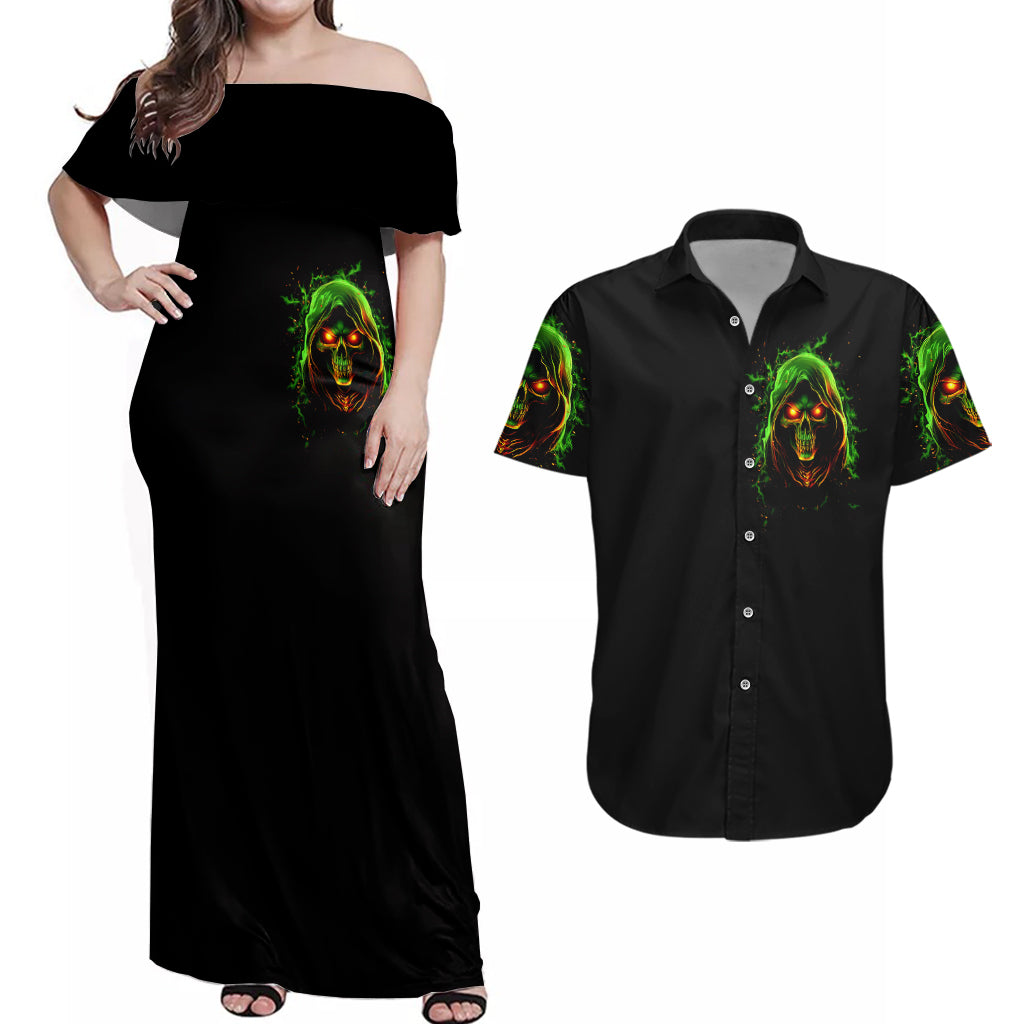 Fire Death Skull Couples Matching Off Shoulder Maxi Dress and Hawaiian Shirt The Only Thing That Can Stop Is Me - Wonder Print Shop