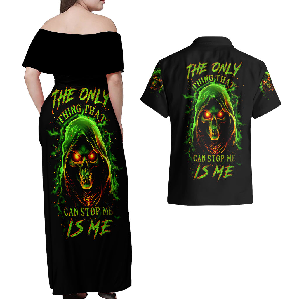 Fire Death Skull Couples Matching Off Shoulder Maxi Dress and Hawaiian Shirt The Only Thing That Can Stop Is Me - Wonder Print Shop