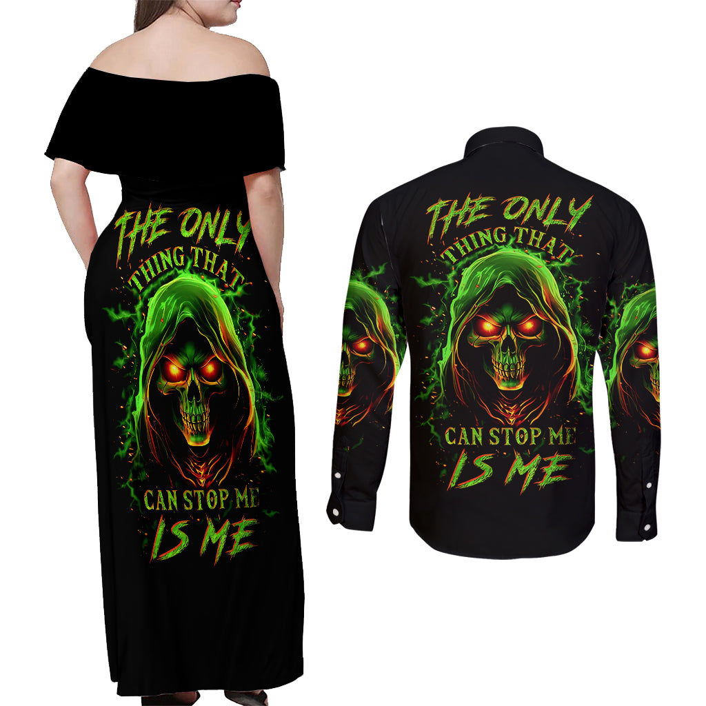 Fire Death Skull Couples Matching Off Shoulder Maxi Dress and Long Sleeve Button Shirts The Only Thing That Can Stop Is Me - Wonder Print Shop