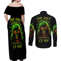 Fire Death Skull Couples Matching Off Shoulder Maxi Dress and Long Sleeve Button Shirts The Only Thing That Can Stop Is Me - Wonder Print Shop