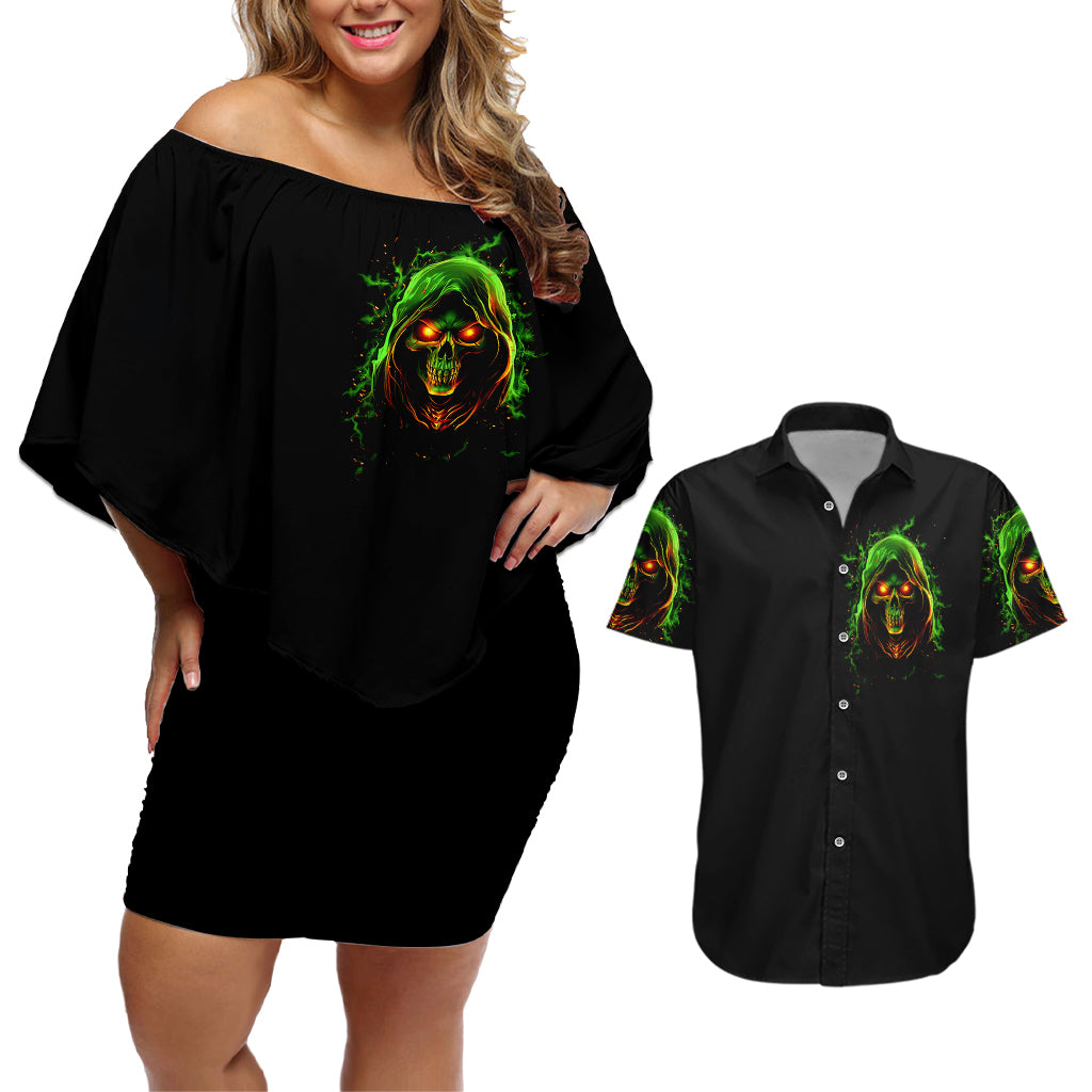 Fire Death Skull Couples Matching Off Shoulder Short Dress and Hawaiian Shirt The Only Thing That Can Stop Is Me - Wonder Print Shop