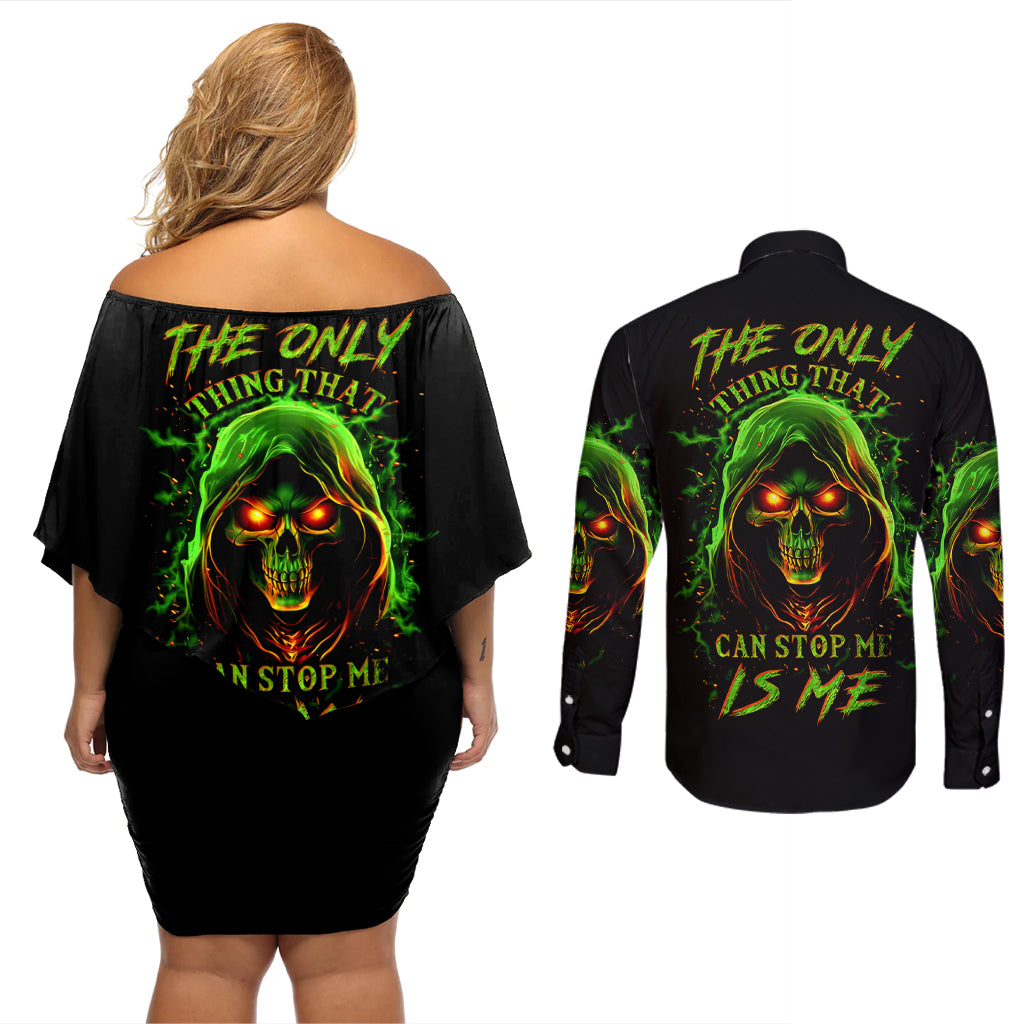 Fire Death Skull Couples Matching Off Shoulder Short Dress and Long Sleeve Button Shirts The Only Thing That Can Stop Is Me - Wonder Print Shop