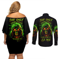 Fire Death Skull Couples Matching Off Shoulder Short Dress and Long Sleeve Button Shirts The Only Thing That Can Stop Is Me - Wonder Print Shop