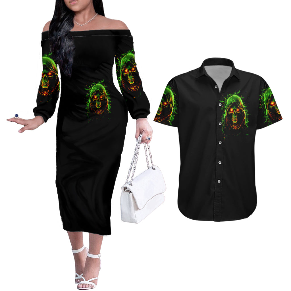 Fire Death Skull Couples Matching Off The Shoulder Long Sleeve Dress and Hawaiian Shirt The Only Thing That Can Stop Is Me - Wonder Print Shop