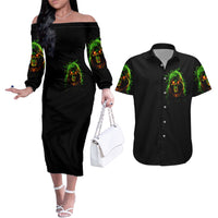 Fire Death Skull Couples Matching Off The Shoulder Long Sleeve Dress and Hawaiian Shirt The Only Thing That Can Stop Is Me - Wonder Print Shop
