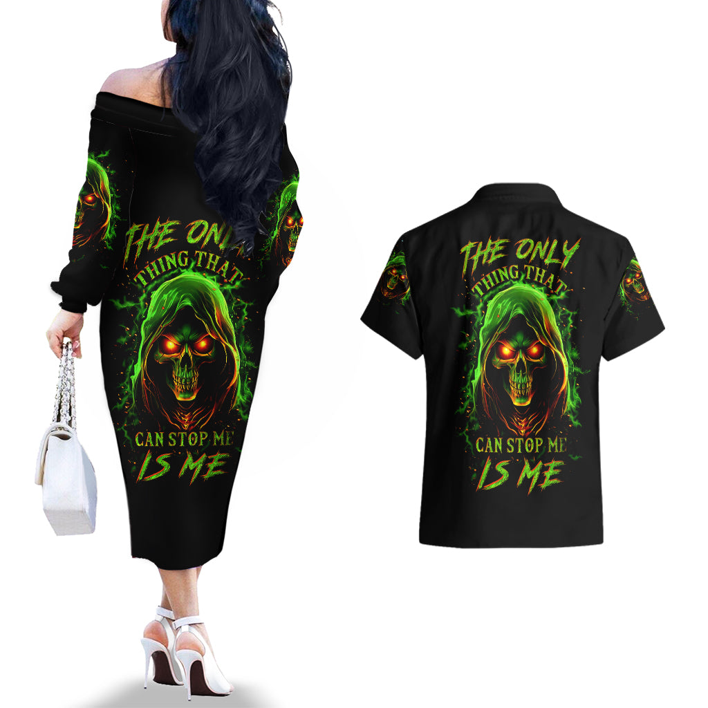 Fire Death Skull Couples Matching Off The Shoulder Long Sleeve Dress and Hawaiian Shirt The Only Thing That Can Stop Is Me - Wonder Print Shop
