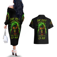 Fire Death Skull Couples Matching Off The Shoulder Long Sleeve Dress and Hawaiian Shirt The Only Thing That Can Stop Is Me - Wonder Print Shop