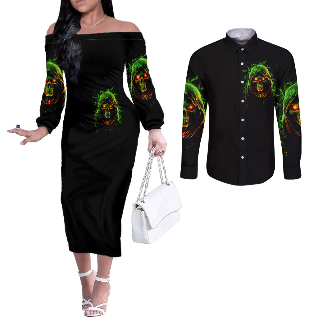 fire-death-skull-couples-matching-off-the-shoulder-long-sleeve-dress-and-long-sleeve-button-shirts-the-only-thing-that-can-stop-is-me