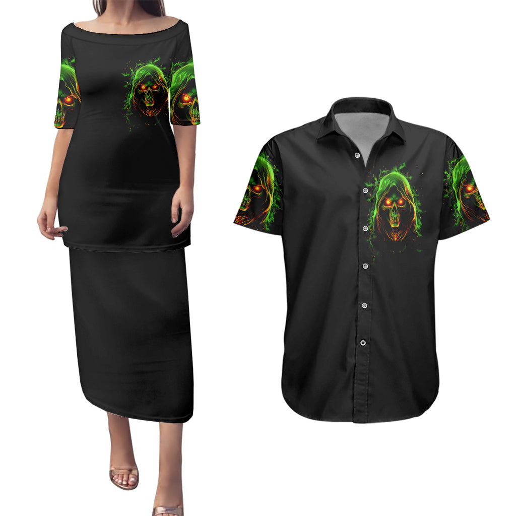 Fire Death Skull Couples Matching Puletasi Dress and Hawaiian Shirt The Only Thing That Can Stop Is Me - Wonder Print Shop
