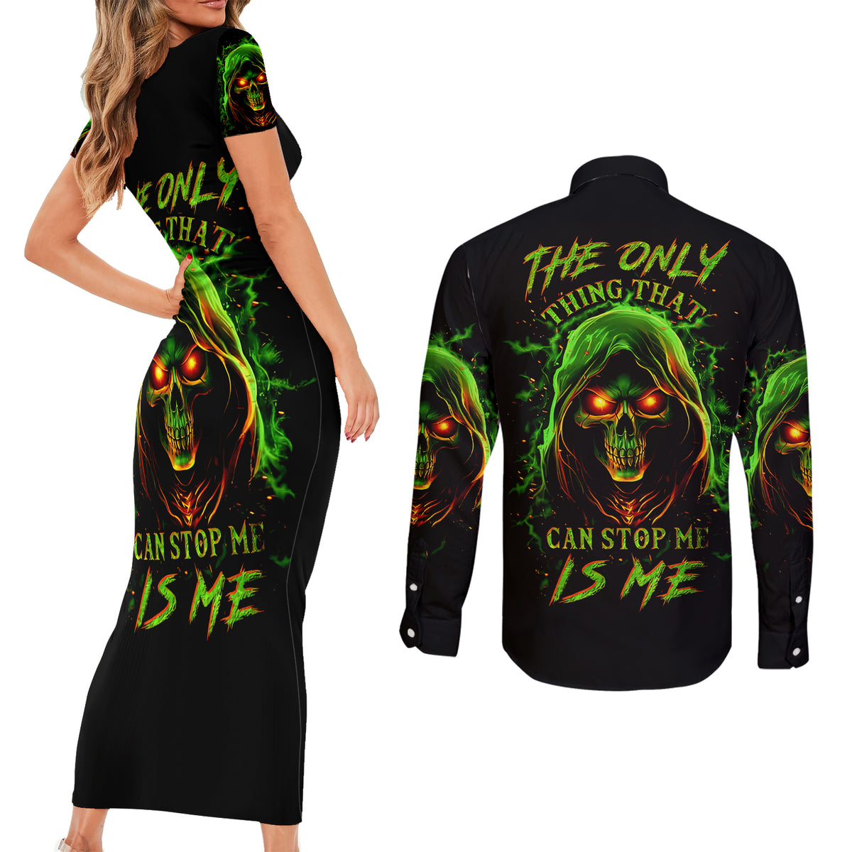 Fire Death Skull Couples Matching Short Sleeve Bodycon Dress and Long Sleeve Button Shirts The Only Thing That Can Stop Is Me - Wonder Print Shop