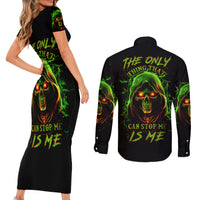 Fire Death Skull Couples Matching Short Sleeve Bodycon Dress and Long Sleeve Button Shirts The Only Thing That Can Stop Is Me - Wonder Print Shop