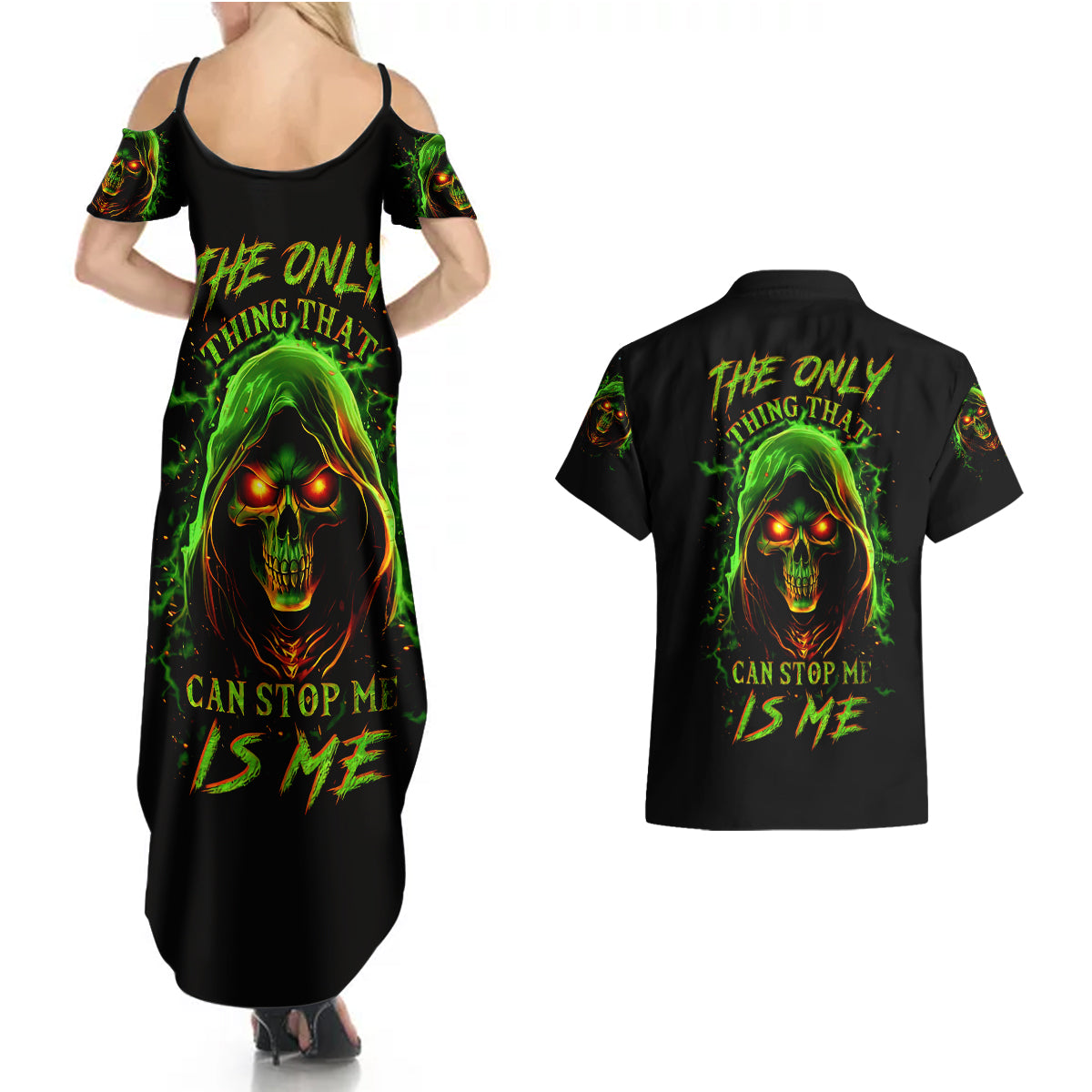 Fire Death Skull Couples Matching Summer Maxi Dress and Hawaiian Shirt The Only Thing That Can Stop Is Me - Wonder Print Shop