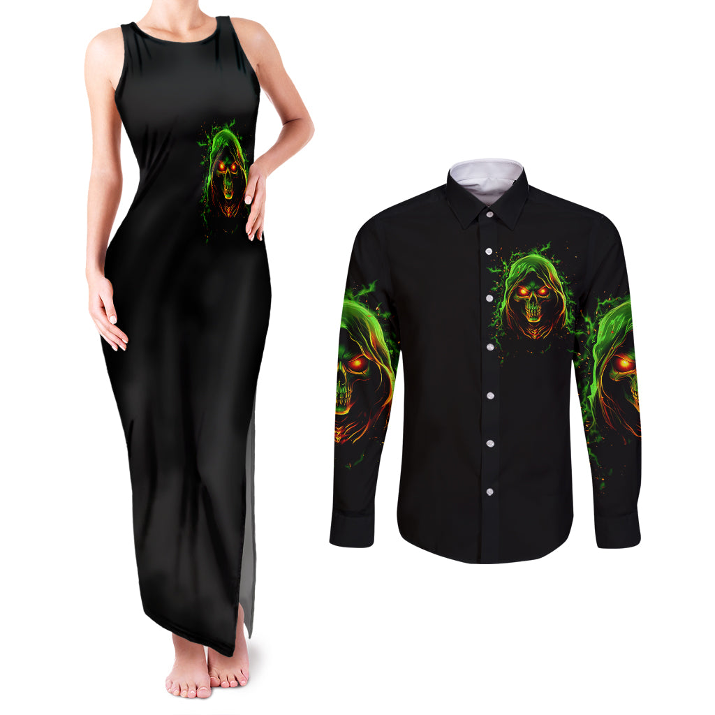 Fire Death Skull Couples Matching Tank Maxi Dress and Long Sleeve Button Shirts The Only Thing That Can Stop Is Me - Wonder Print Shop