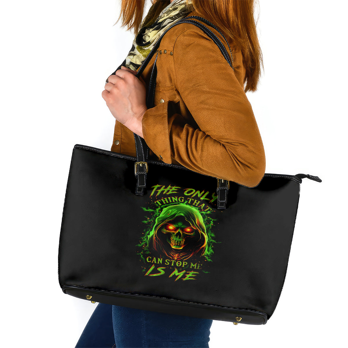 Fire Death Skull Leather Tote Bag The Only Thing That Can Stop Is Me - Wonder Print Shop