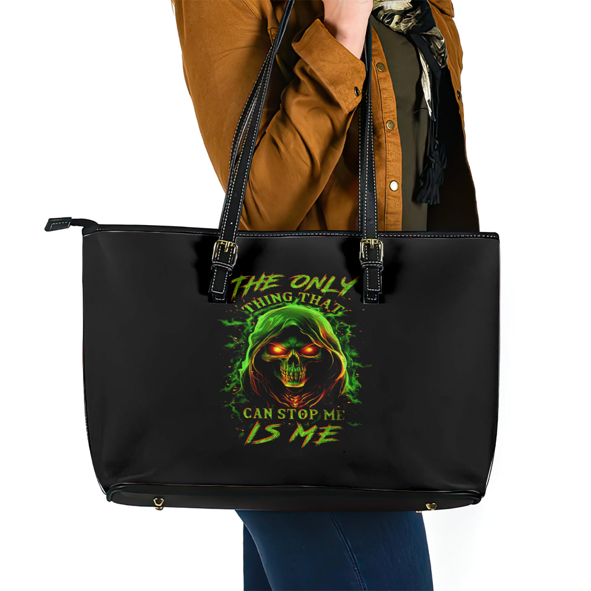 Fire Death Skull Leather Tote Bag The Only Thing That Can Stop Is Me - Wonder Print Shop