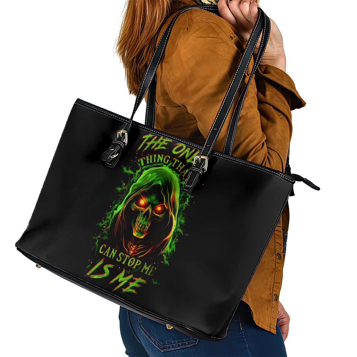 Fire Death Skull Leather Tote Bag The Only Thing That Can Stop Is Me - Wonder Print Shop