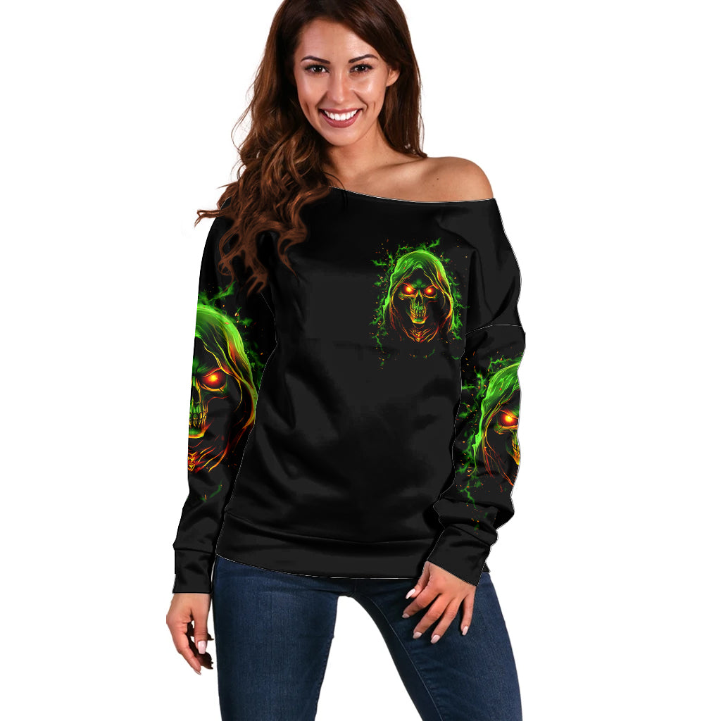 Fire Death Skull Off Shoulder Sweater The Only Thing That Can Stop Is Me - Wonder Print Shop