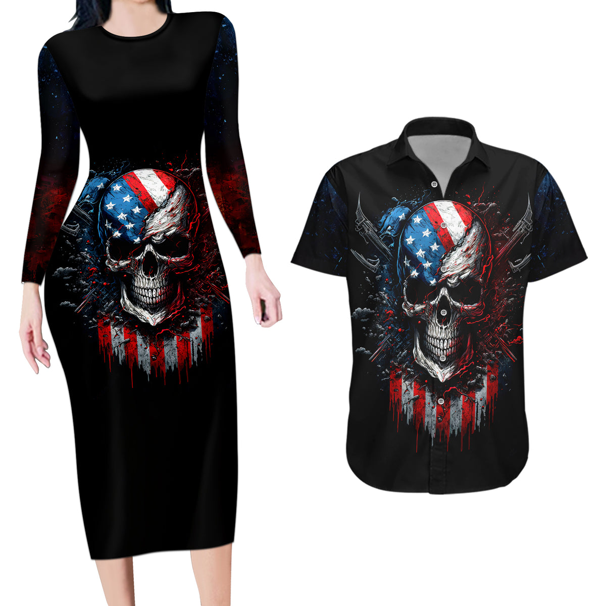Vintage Skull Couples Matching Long Sleeve Bodycon Dress and Hawaiian Shirt American Skull Vintage - Wonder Print Shop