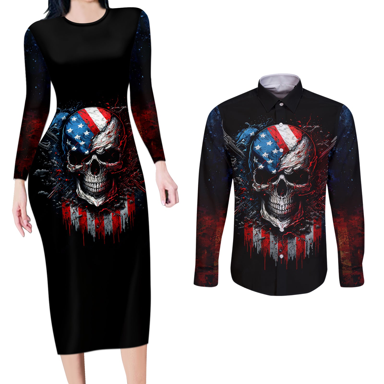 Vintage Skull Couples Matching Long Sleeve Bodycon Dress and Long Sleeve Button Shirts American Skull Vintage - Wonder Print Shop