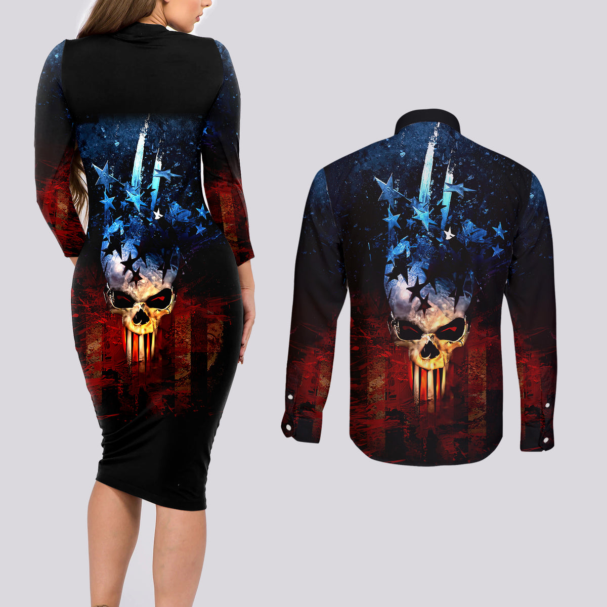 Vintage Skull Couples Matching Long Sleeve Bodycon Dress and Long Sleeve Button Shirts American Skull Vintage - Wonder Print Shop