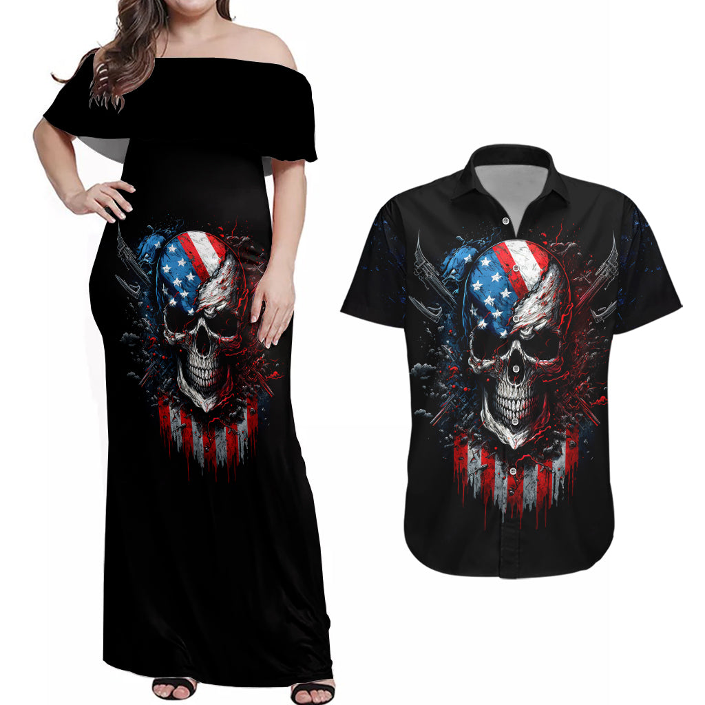 Vintage Skull Couples Matching Off Shoulder Maxi Dress and Hawaiian Shirt American Skull Vintage - Wonder Print Shop