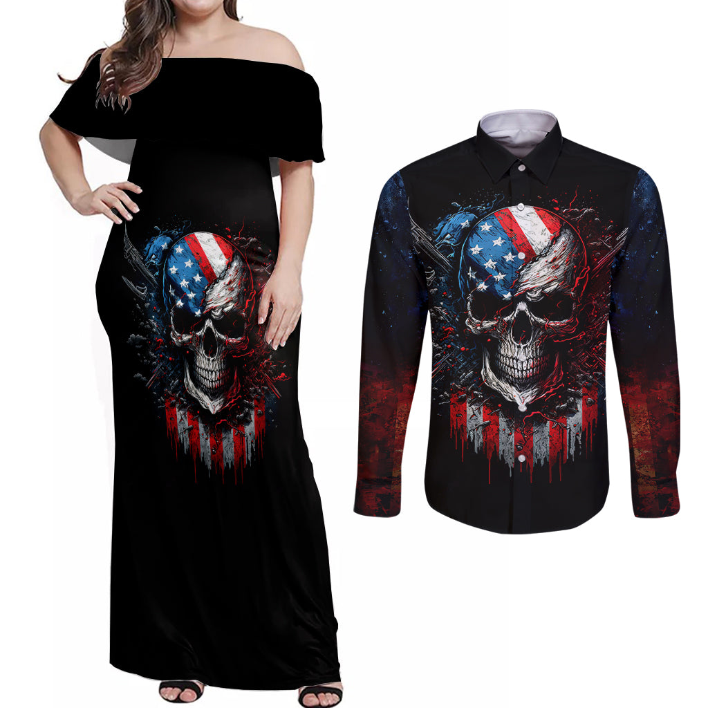 Vintage Skull Couples Matching Off Shoulder Maxi Dress and Long Sleeve Button Shirts American Skull Vintage - Wonder Print Shop