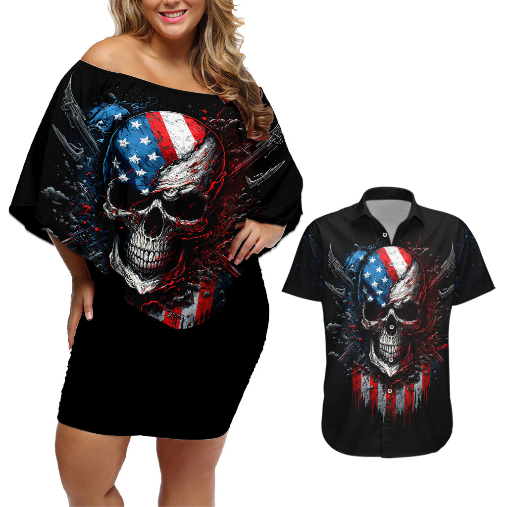 Vintage Skull Couples Matching Off Shoulder Short Dress and Hawaiian Shirt American Skull Vintage - Wonder Print Shop