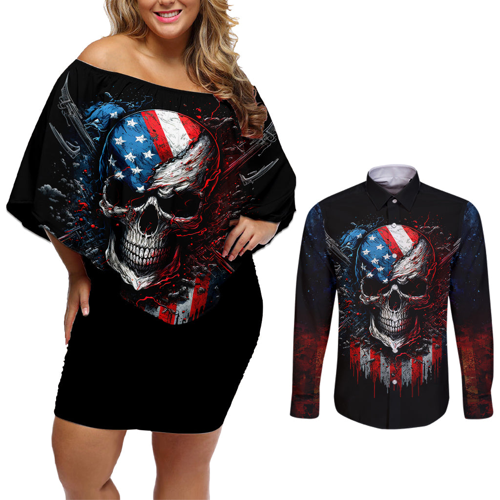 Vintage Skull Couples Matching Off Shoulder Short Dress and Long Sleeve Button Shirts American Skull Vintage - Wonder Print Shop