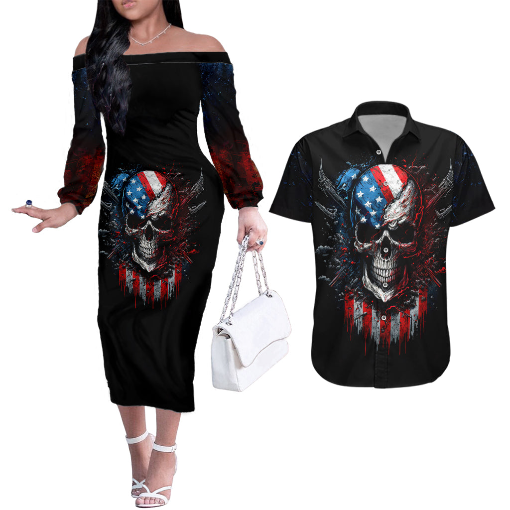 Vintage Skull Couples Matching Off The Shoulder Long Sleeve Dress and Hawaiian Shirt American Skull Vintage - Wonder Print Shop