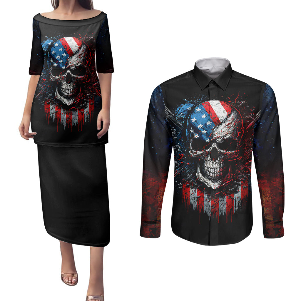 Vintage Skull Couples Matching Puletasi Dress and Long Sleeve Button Shirts American Skull Vintage - Wonder Print Shop
