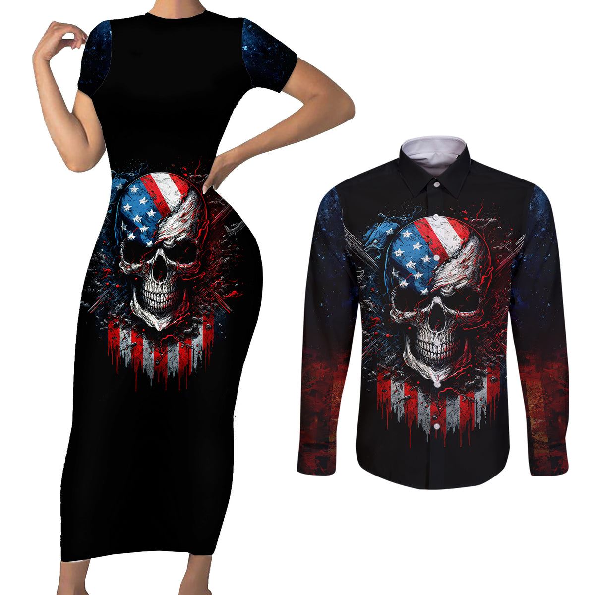 Vintage Skull Couples Matching Short Sleeve Bodycon Dress and Long Sleeve Button Shirts American Skull Vintage - Wonder Print Shop
