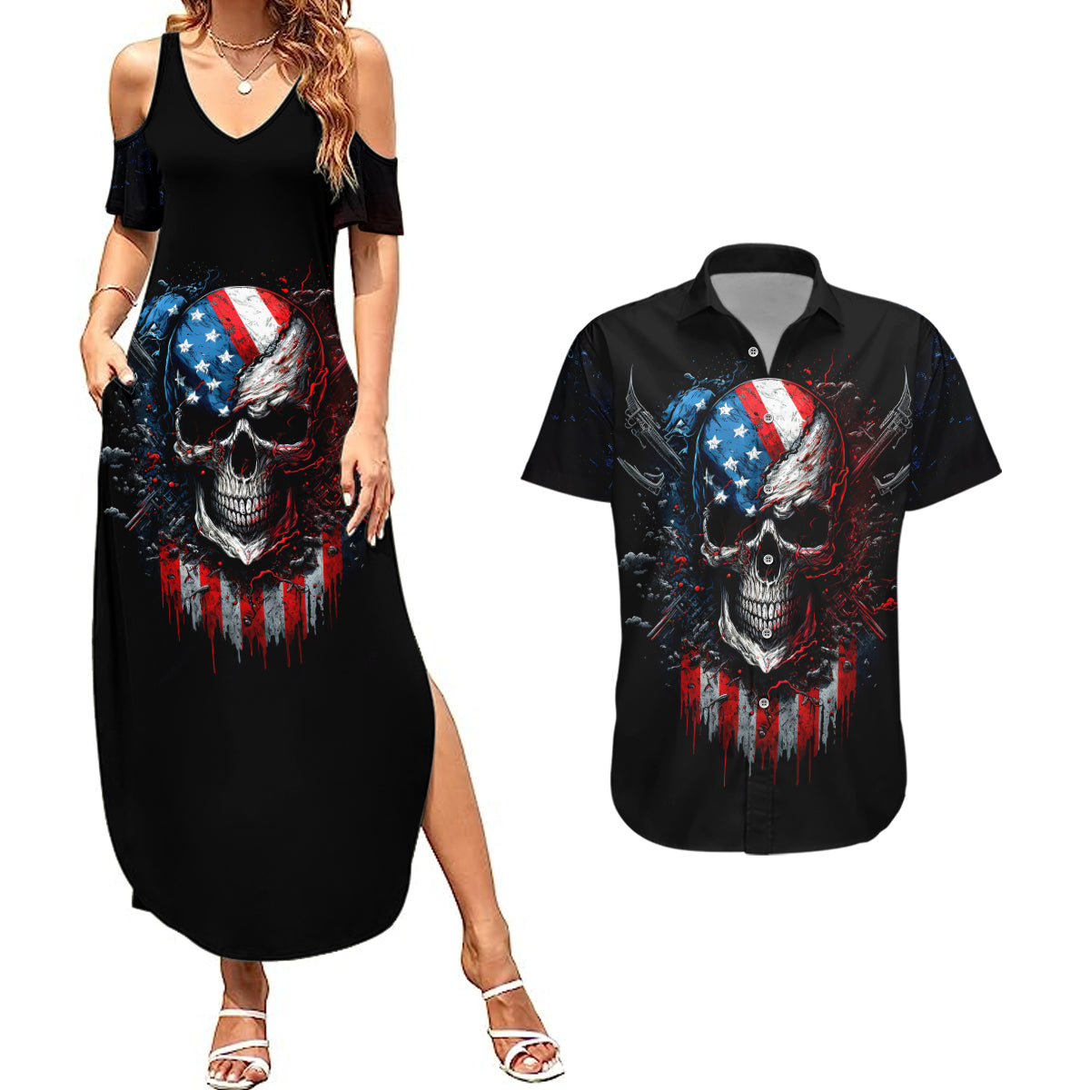 Vintage Skull Couples Matching Summer Maxi Dress and Hawaiian Shirt American Skull Vintage - Wonder Print Shop