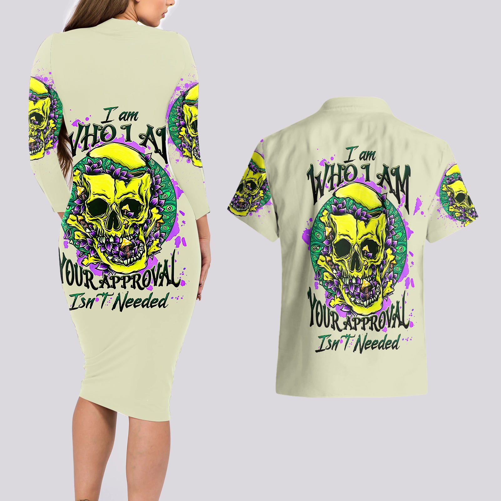 Flower Skull Couples Matching Long Sleeve Bodycon Dress and Hawaiian Shirt Iam Who Iam Your Approval Isn't Need - Wonder Print Shop