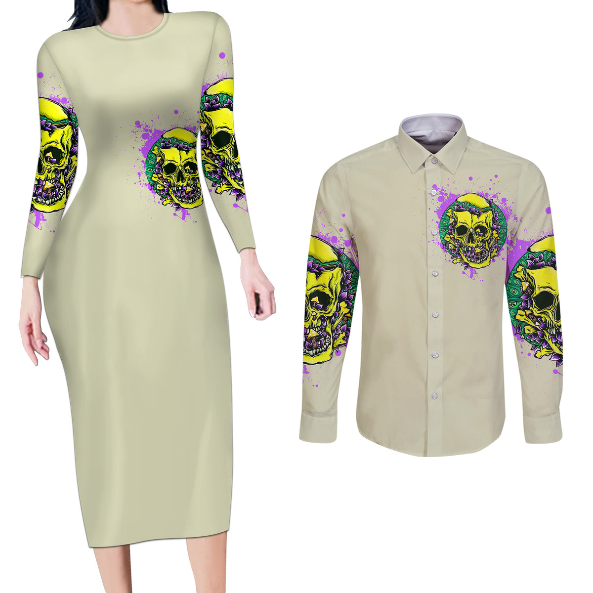 Flower Skull Couples Matching Long Sleeve Bodycon Dress and Long Sleeve Button Shirts Iam Who Iam Your Approval Isn't Need - Wonder Print Shop