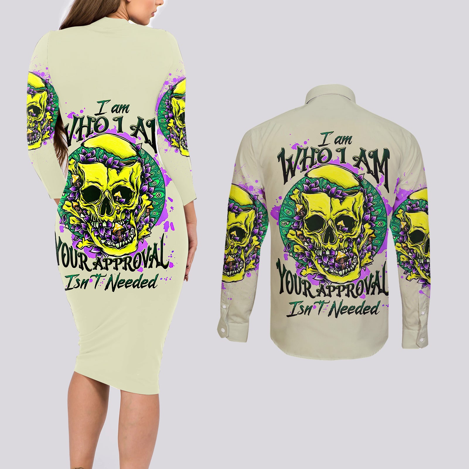 Flower Skull Couples Matching Long Sleeve Bodycon Dress and Long Sleeve Button Shirts Iam Who Iam Your Approval Isn't Need - Wonder Print Shop
