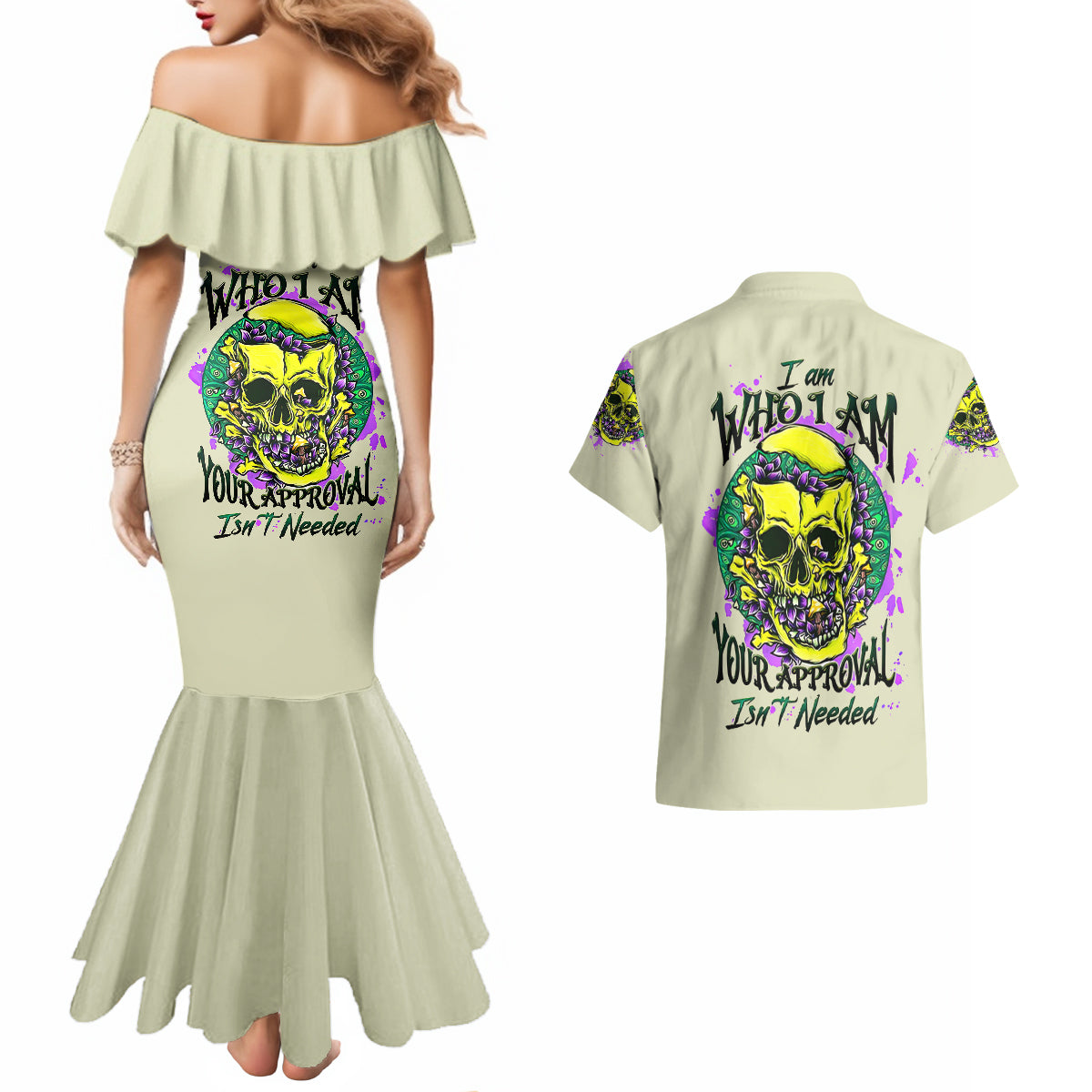 Flower Skull Couples Matching Mermaid Dress and Hawaiian Shirt Iam Who Iam Your Approval Isn't Need - Wonder Print Shop
