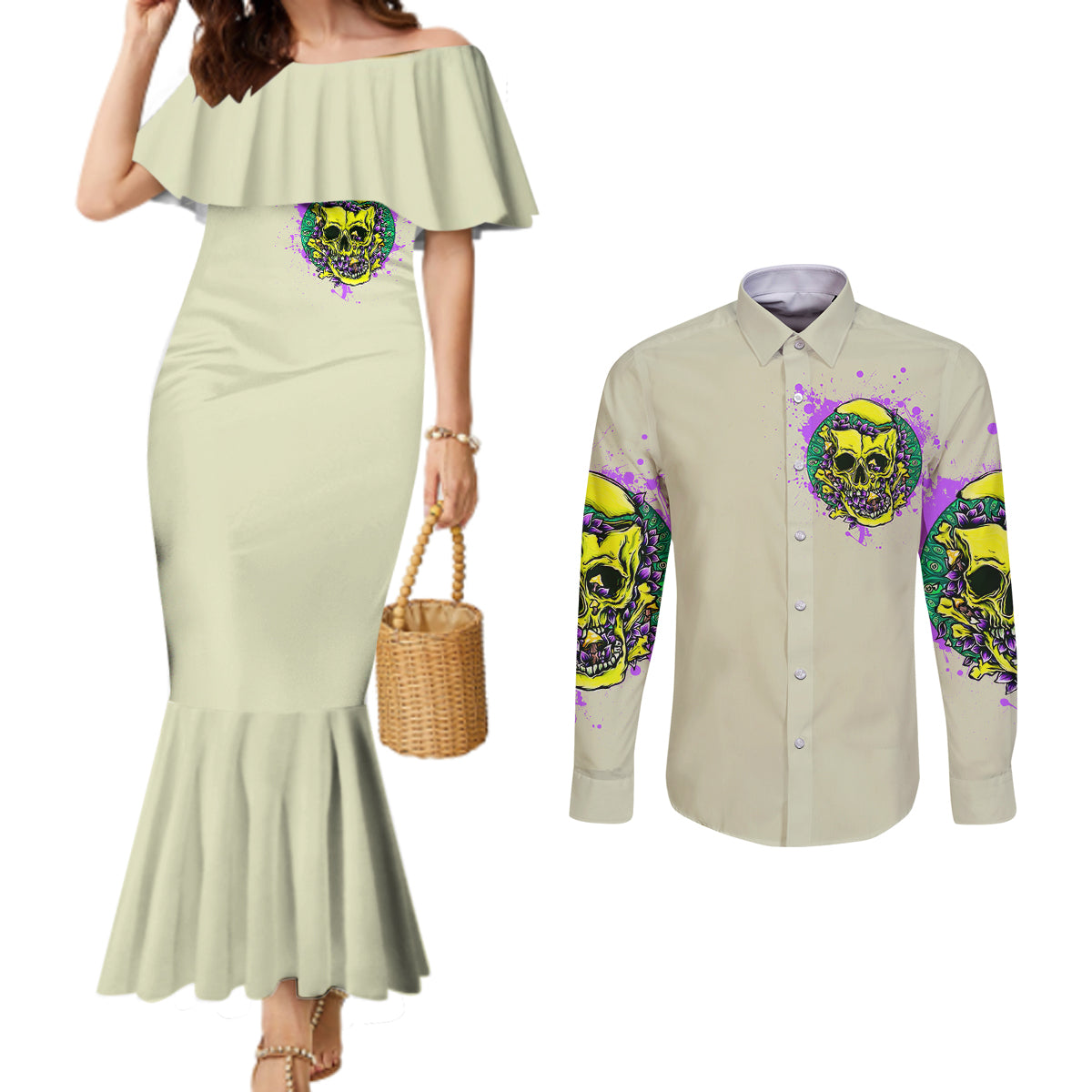 flower-skull-couples-matching-mermaid-dress-and-long-sleeve-button-shirts-iam-who-iam-your-approval-isnt-need