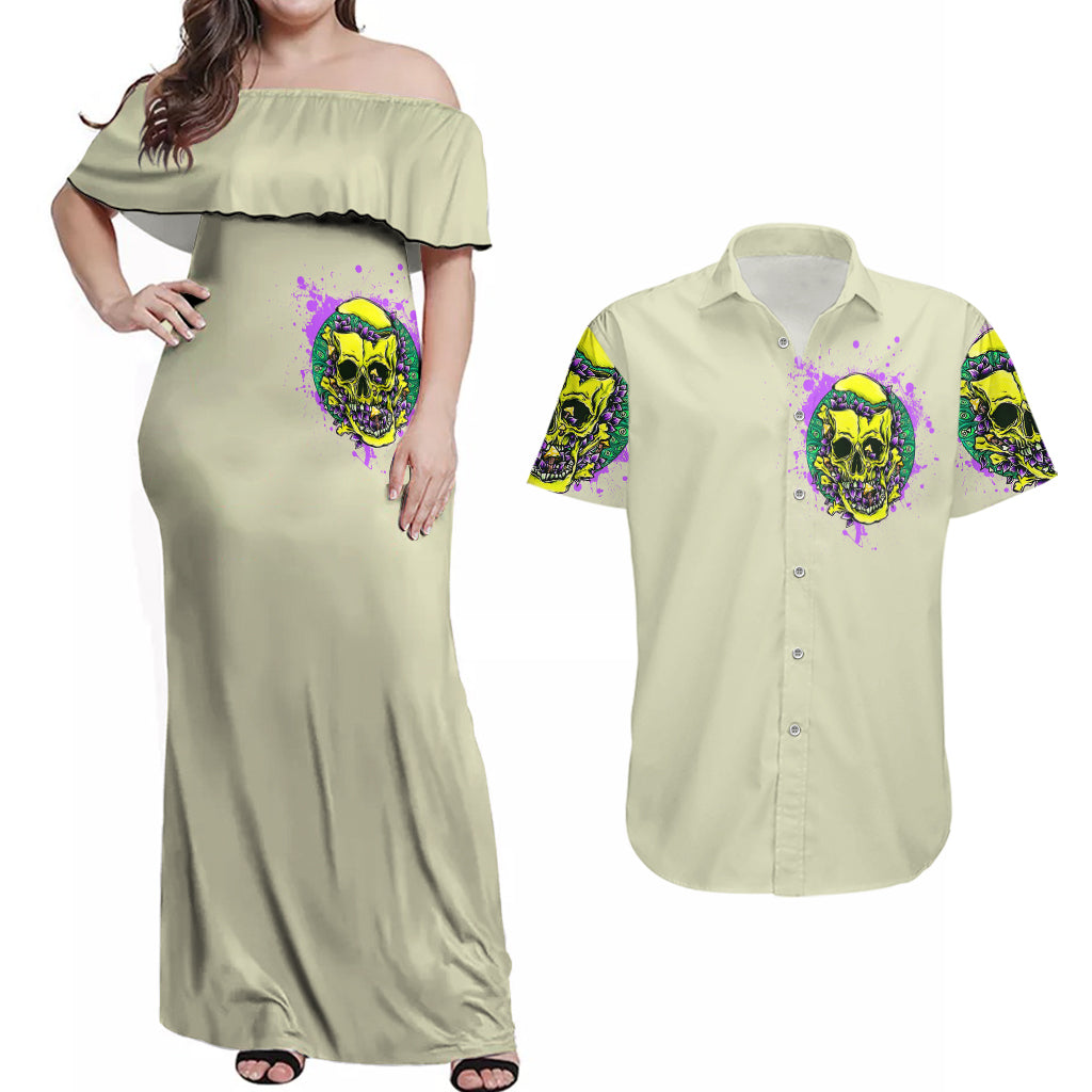 Flower Skull Couples Matching Off Shoulder Maxi Dress and Hawaiian Shirt Iam Who Iam Your Approval Isn't Need - Wonder Print Shop
