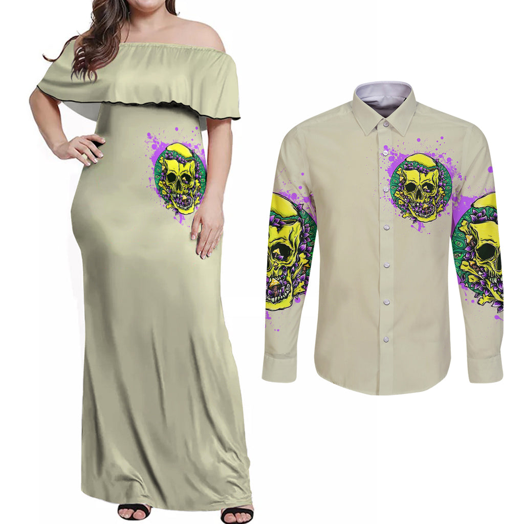 Flower Skull Couples Matching Off Shoulder Maxi Dress and Long Sleeve Button Shirts Iam Who Iam Your Approval Isn't Need - Wonder Print Shop