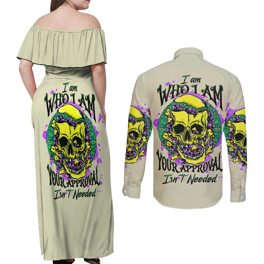 Flower Skull Couples Matching Off Shoulder Maxi Dress and Long Sleeve Button Shirts Iam Who Iam Your Approval Isn't Need - Wonder Print Shop