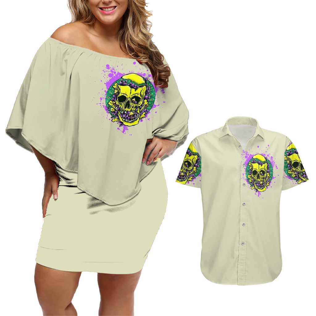 Flower Skull Couples Matching Off Shoulder Short Dress and Hawaiian Shirt Iam Who Iam Your Approval Isn't Need - Wonder Print Shop