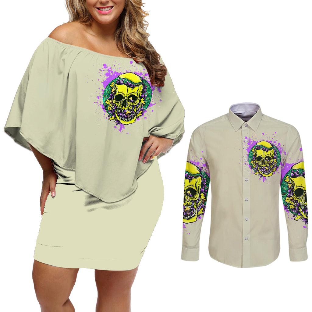 Flower Skull Couples Matching Off Shoulder Short Dress and Long Sleeve Button Shirts Iam Who Iam Your Approval Isn't Need - Wonder Print Shop
