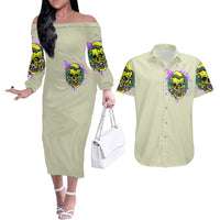 Flower Skull Couples Matching Off The Shoulder Long Sleeve Dress and Hawaiian Shirt Iam Who Iam Your Approval Isn't Need - Wonder Print Shop