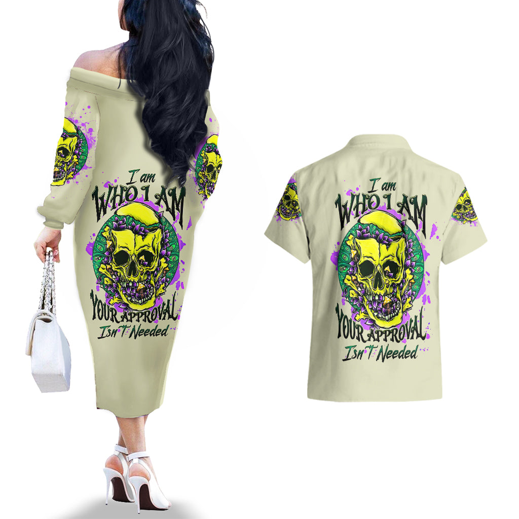 Flower Skull Couples Matching Off The Shoulder Long Sleeve Dress and Hawaiian Shirt Iam Who Iam Your Approval Isn't Need - Wonder Print Shop